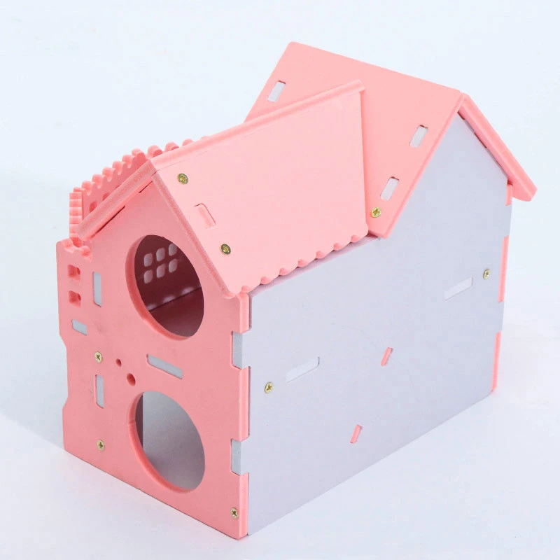 2 Story Hamster House with Stairs Lovely Pet Pink Castle Hideout Mouse Rat Hamster Cage Nest Two Layer Wooden House Sleeping Exercising Playing Toy Wbb17424